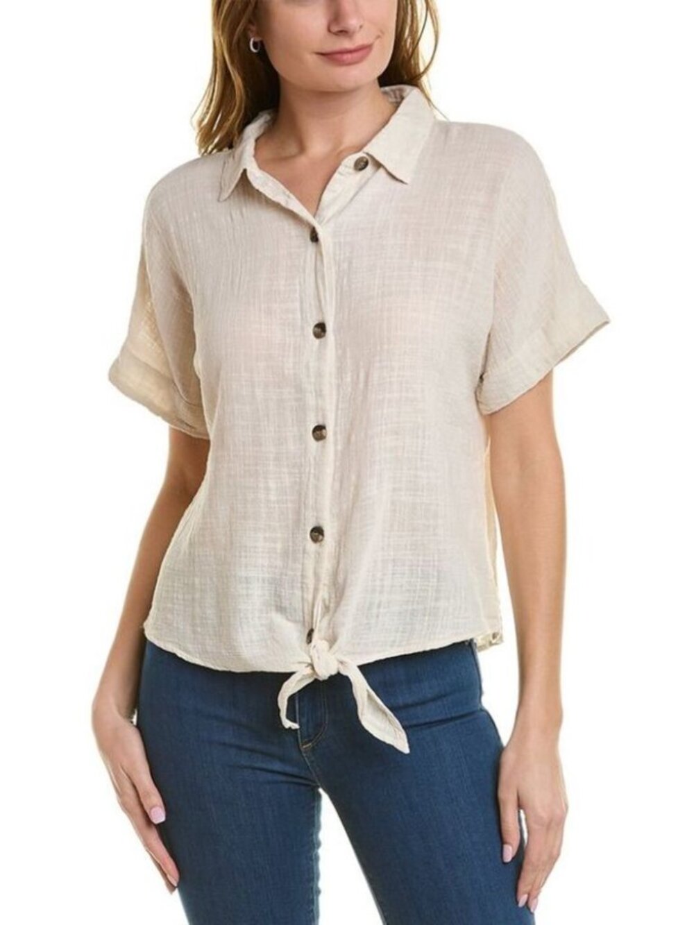 XCVI Wearables Gauze Teagun Tie Front Button Up Short Sleeve Boxy Top